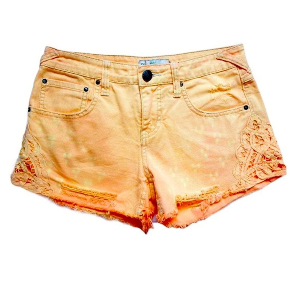 Free People Orange Distressed Shorts with Lace.